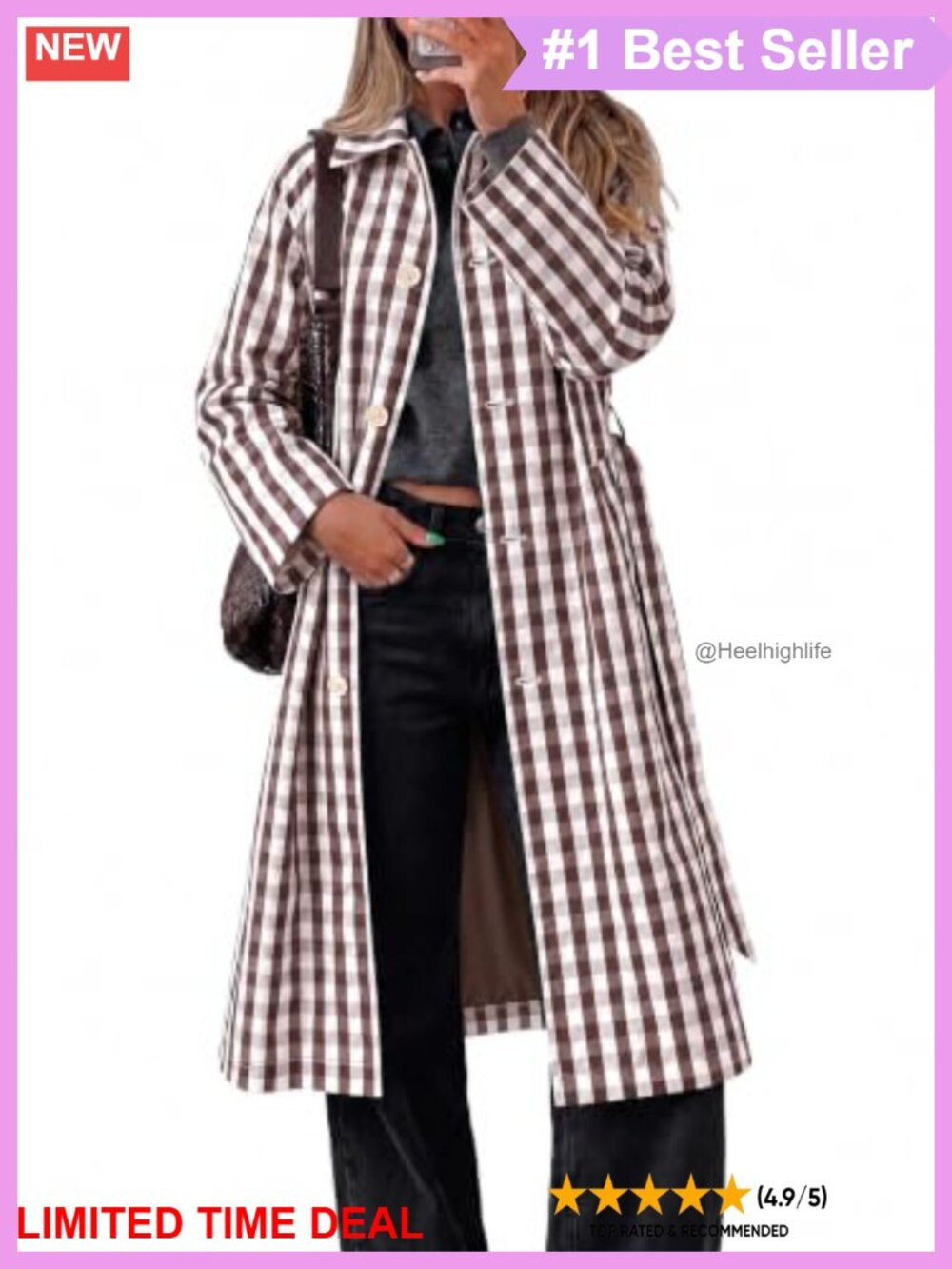 Plaid Trench Coat Long Windproof Overcoat with Belt Button Down Lapel